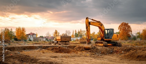 Construction site at sunset with heavy machinery