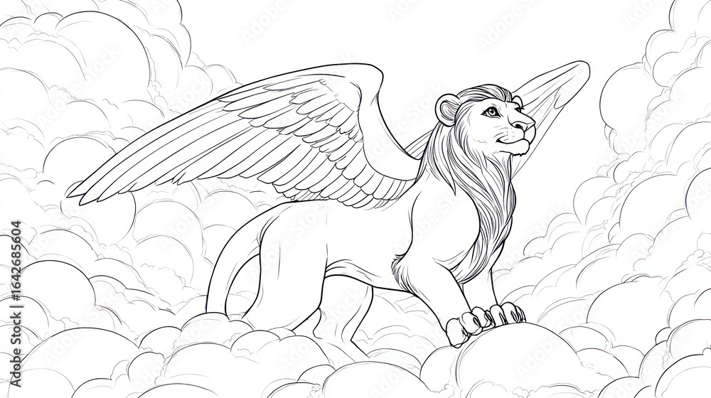 Obraz premium Winged lion soaring amidst clouds