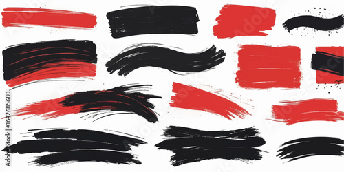 Set of red and black felt hats and felt tip pens with design elements and icons