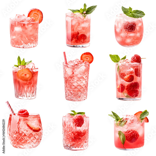 Variety of pink cocktails isolated on white background.
