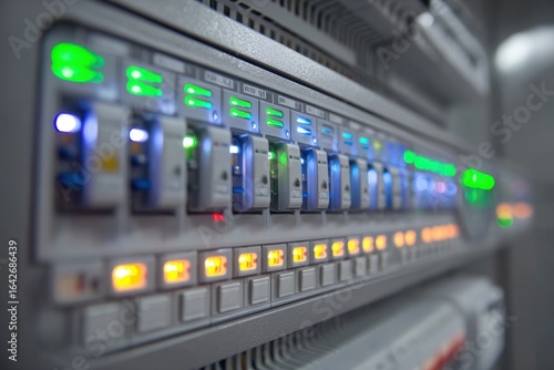 Smart home energy panel control, close-up view, indoor setting, illuminated switches