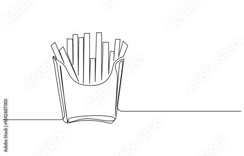 French fries in continuous line art drawing style. Fried potato sticks ,one continuous drawn line of French fries drawn from the hand picture silhouette. Line art. fast food food potato cooked