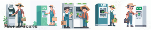 farmer vector taking money from atm