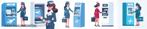 vector of flight attendant taking money from atm