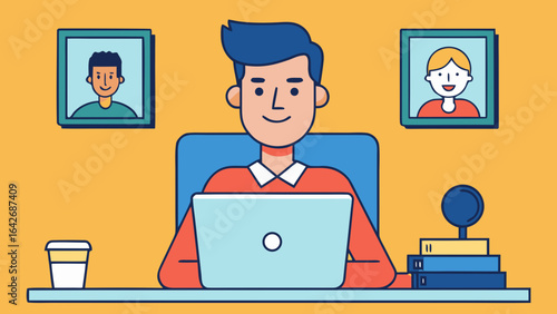 Illustration of a man working from home on his laptop with portraits on the wall and coffee cup