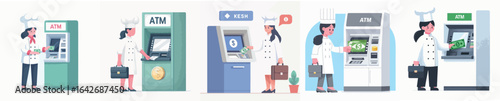 vector female chef taking money from atm