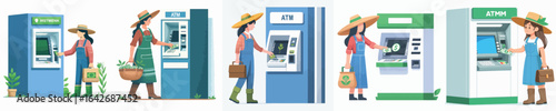 vector of female farmer taking money from atm