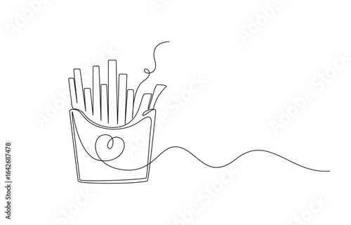 French fries in continuous line art drawing style. Fried potato sticks ,one continuous drawn line of French fries drawn from the hand picture silhouette. Line art. fast food food potato cooked