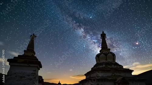 Majestic night sky filled with stars over ancient stupas at twilight, showcasing cosmic beauty