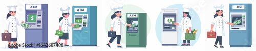 vector female chef taking money from atm
