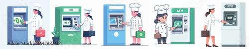 vector female chef taking money from atm