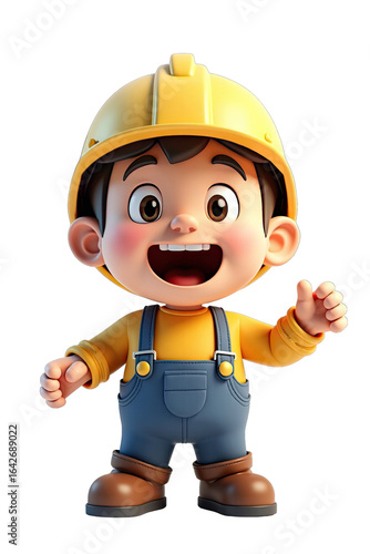 Cheerful cartoon character wearing a hard hat and overalls.