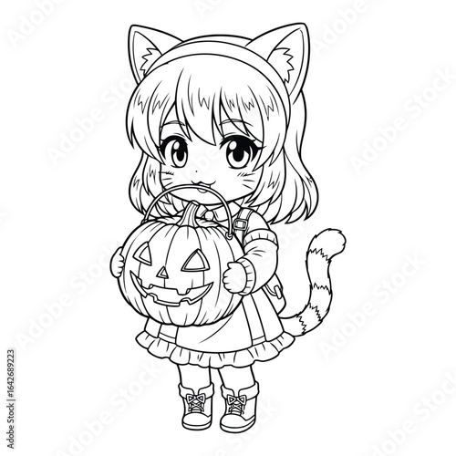 Chibi cat girl holding a halloween pumpkin line art drawing coloring page