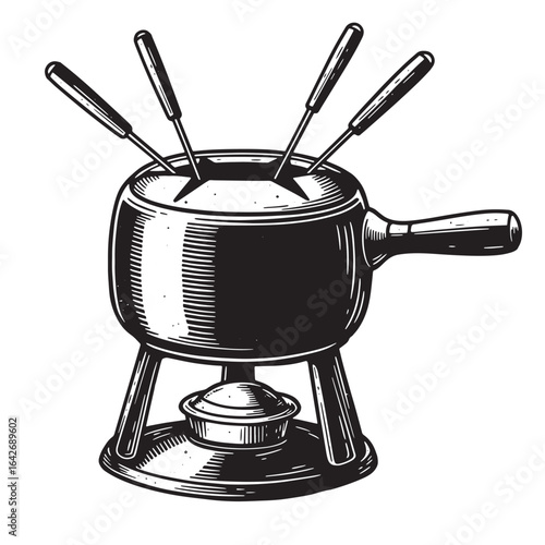 Black and white engraved illustration of a fondue pot with skewers for culinary delights