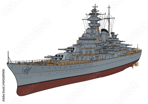 Detailed Illustration of a Large Grey Battleship with Multiple Cannons