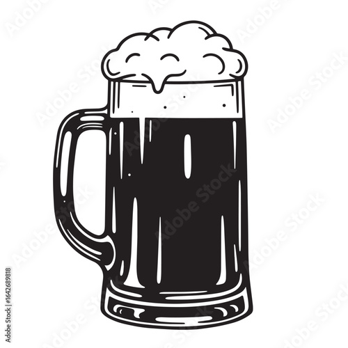 Black and white illustration of a foamy pint of beer ready for a relaxing celebration
