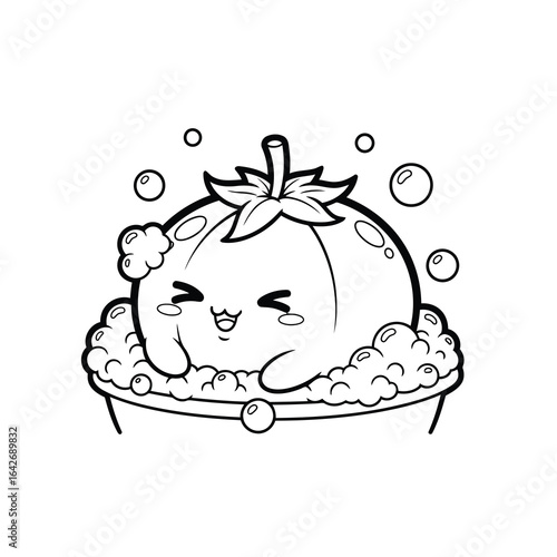 Cute tomato character taking a bath with bubbles outline coloring page