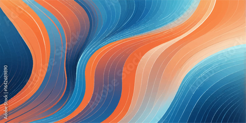 Vibrant orange and yellow lines create a dynamic, curving wave pattern on a blurred blue abstract background, perfect for a bright wallpaper design