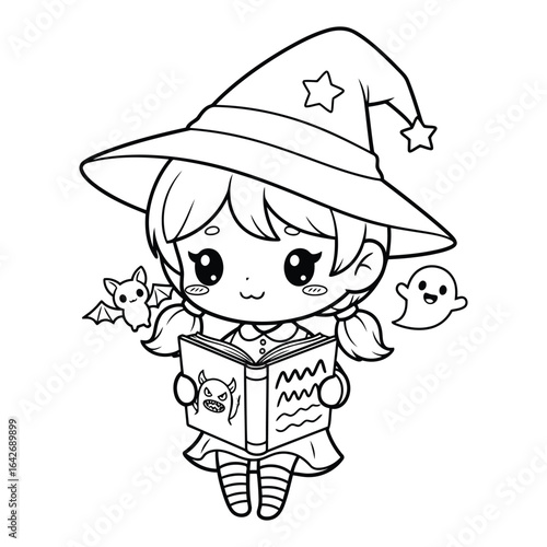 Cute witch reading a spellbook with bat and ghost outline coloring page