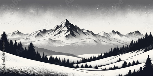 Snow-covered mountain peaks loom over a cold winter landscape, with a forest of pine trees blanketed in white frost