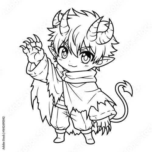 Outline drawing of a chibi demon with horns and a tail coloring page
