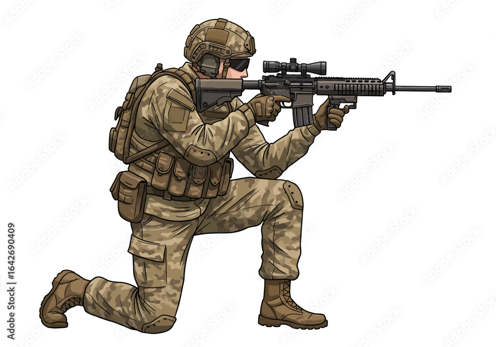 Soldier in Camouflage Uniform Kneeling with Rifle and Scope