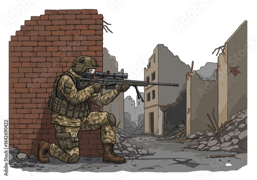 Soldier in camouflage crouches with sniper rifle amidst urban destruction