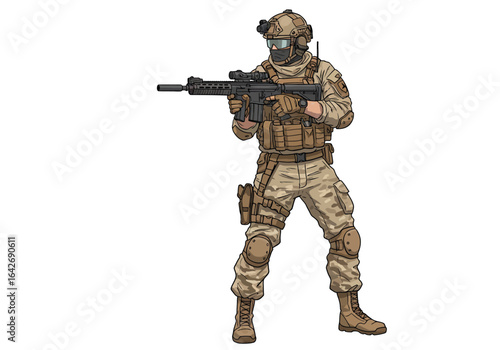 Soldier in tactical gear holding an assault rifle