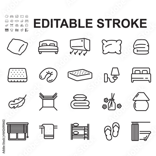 A collection of bed-related icons. Thin line vectors. Contains icons such as pillows, spring beds, bedside lamps, and more.