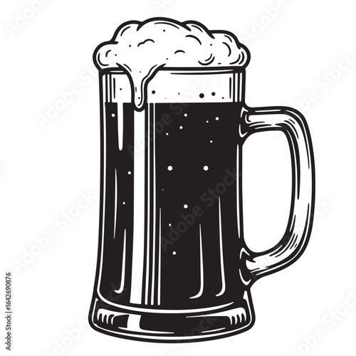 Classic black and white illustration of a beer mug filled with rich dark beer and froth