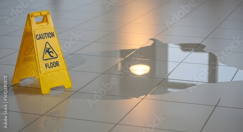 Caution wet floor sign near dangerous spill for commercial real estate safety needs