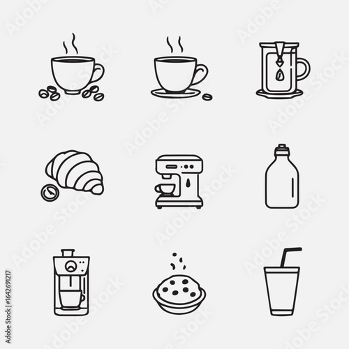 Coffee and snack icon set — 9 black-and-white illustrations of cups, brewers, croissant, cookie, milk, and espresso machine