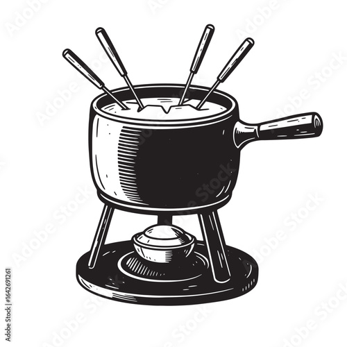 Classic black and white illustration of a swiss cheese fondue pot with forks