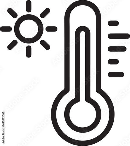 Simple line art icon of a thermometer showing high temperature next to a sun symbol