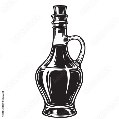 Detailed black and white illustration of a vintage olive oil bottle on a white background