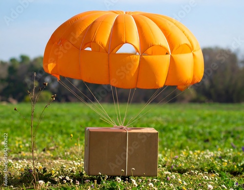 A cardboard box gently lands in a field, suspended by an orange parachute against a sunny sky