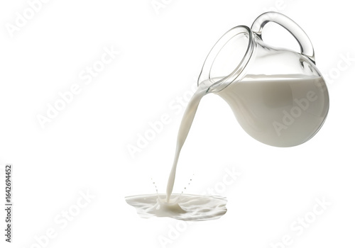 Dynamic milk splash captured mid-pour from a clear glass jug creating fresh, vibrant droplets and waves in a clean, modern presentation