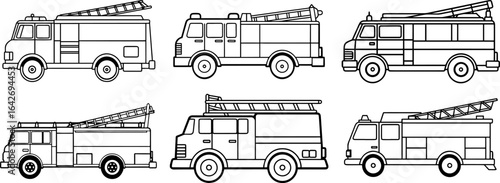 Set of Fire ladder truck outline vector illustration, line art