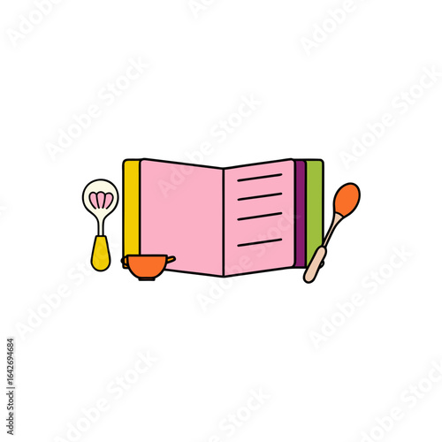 Open cookbook with cooking utensils and ingredients illustration