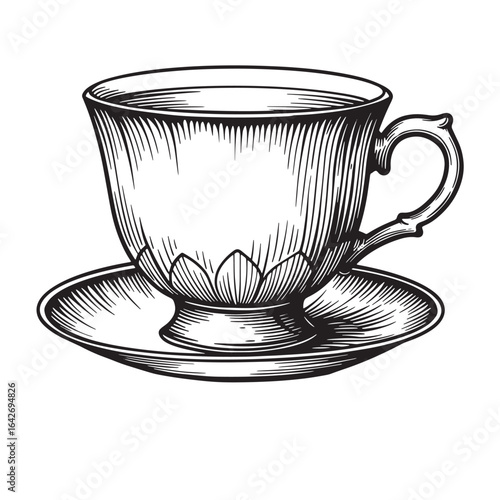 Elegant engraved illustration of a teacup and saucer perfect for vintage designs