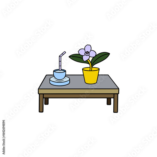 Simple illustration of a drink and a potted flower on a table