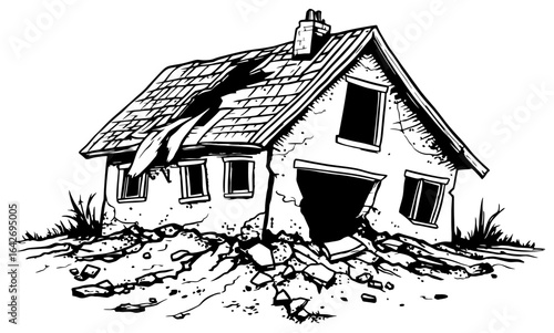 House hit by earthquake silhouette illustration