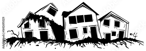 Silhouette of a Cracked House Post-Earthquake