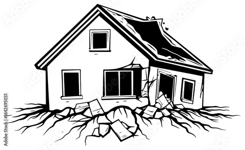 House hit by earthquake silhouette illustration