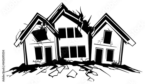 Silhouette of a Cracked House Post-Earthquake