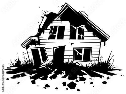 Silhouette of a Cracked House Post-Earthquake