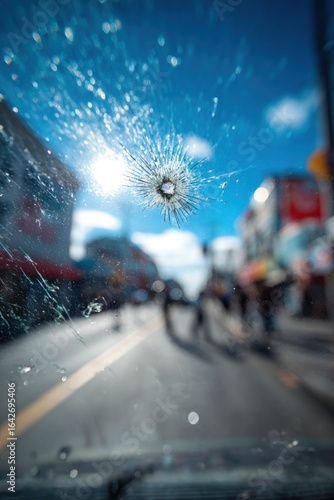 Broken windshield with city view