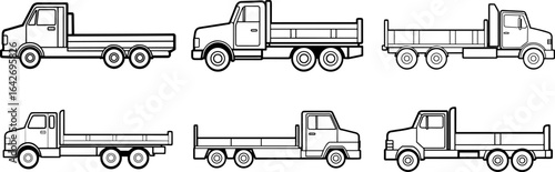 Set of Flatbed truck black outline vector and illustration, coloring book page