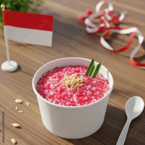 Traditional Indonesian sago pearl porridge, Bubur Merah Putih, with a flag for Independence Day.