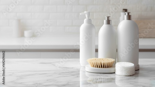 Elegant bathroom setup white bottles marble counter product display modern home close-up luxury beauty care